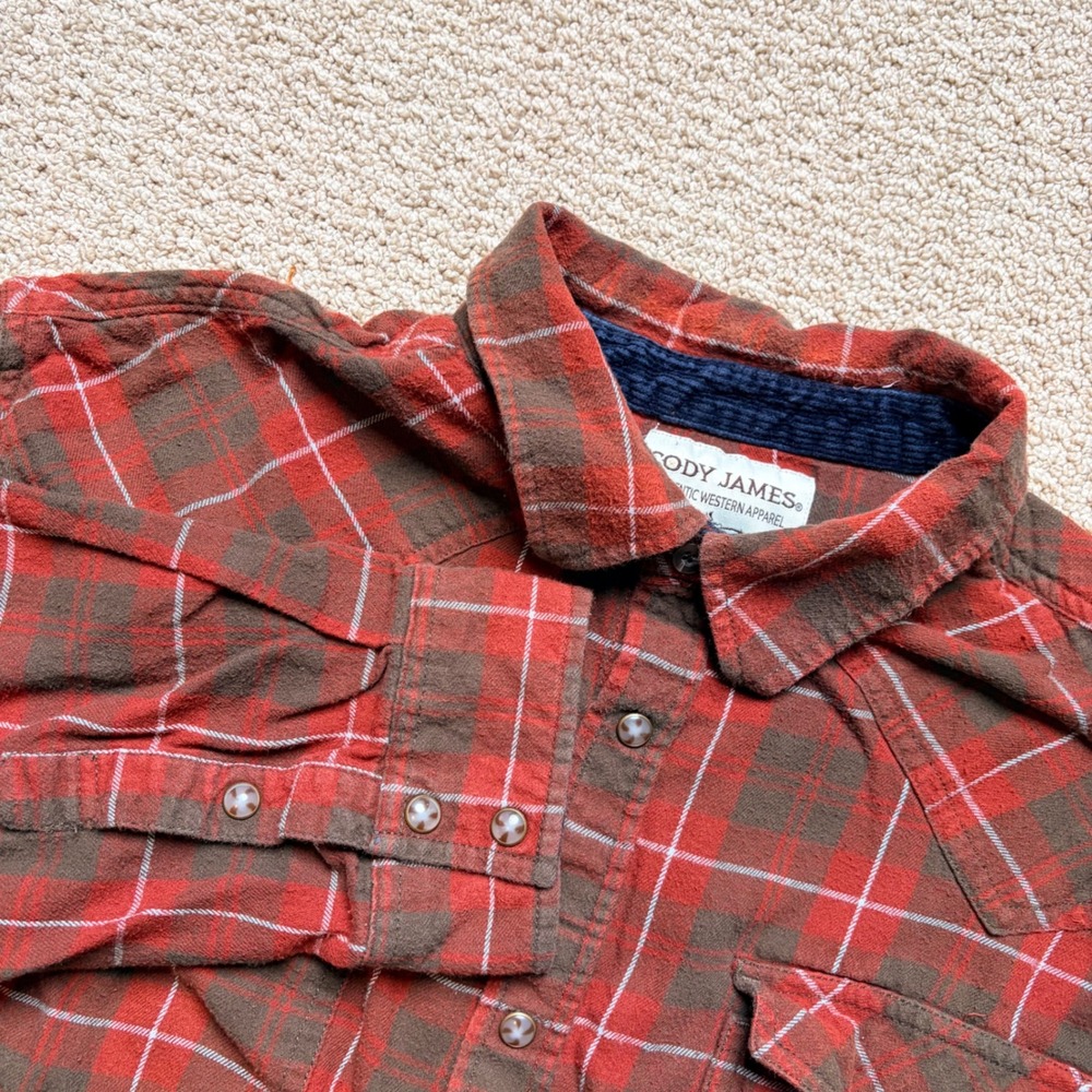 Cody James Mens 2XL Red Brown Plaid Flannel Western Pearl Snap Shirt Corduroy